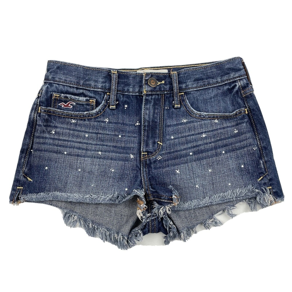 HOLLISTER Cutoff Frayed Denim Blue Jean Shorts Rhinestones Size 0 / 24 Cotton